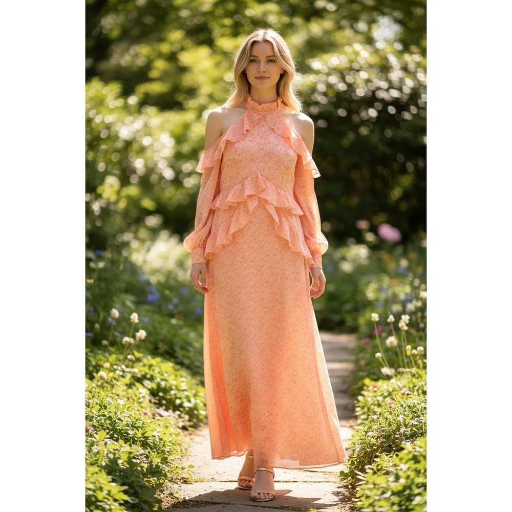 Pretty Lavish Orange Floral‎ Cold Shoulder Ruffle Maxi Dress NWT Size US 10